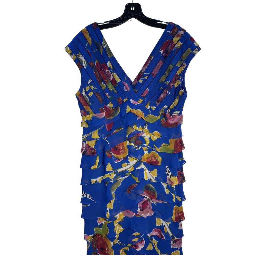 Floral Tiered Blue Sleeveless V-Neck Dress, Ruffled Layers,  Multicolor Print - Picture 2 of 13